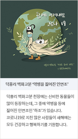 덕흥리 벽화고분 ‘약병을 짊어진 인면조’ - 덕흥리 벽화고분 천장에는 신비한 동물들이 많이 등장하는데, 그 중에 약병을 등에 짊어진 인면조인 ‘하조’가 있습니다. 코로나19로 지친 많은 사람들이 새해에는 모두 건강하고 행복하기를 기원합니다.